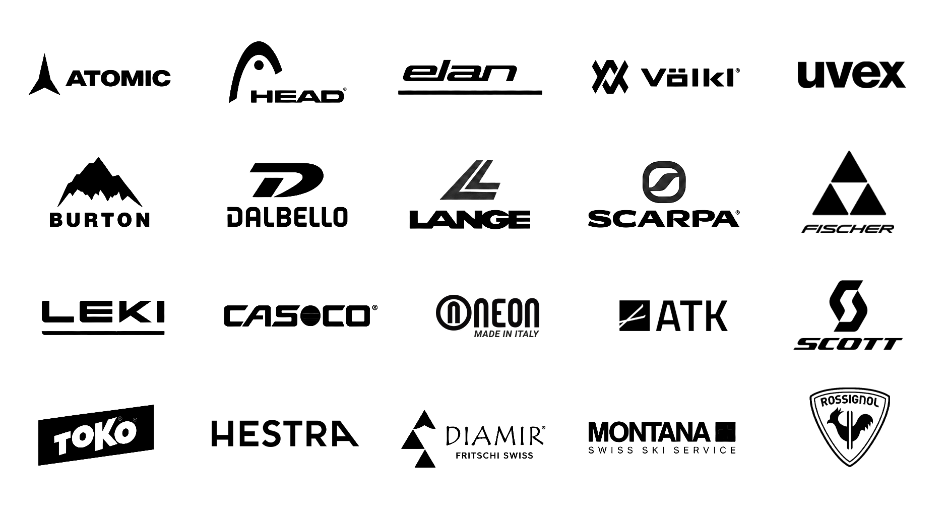 Loghi partner: Atomic, Head, Elan, V&ouml;lkl, Uvex, Burton, Dalbello, Lange, Scarpa, Fischer, Leki, Casco, Neon, ATK, Scott, Toko, Hestra, Diamir, Montana, Rossignol